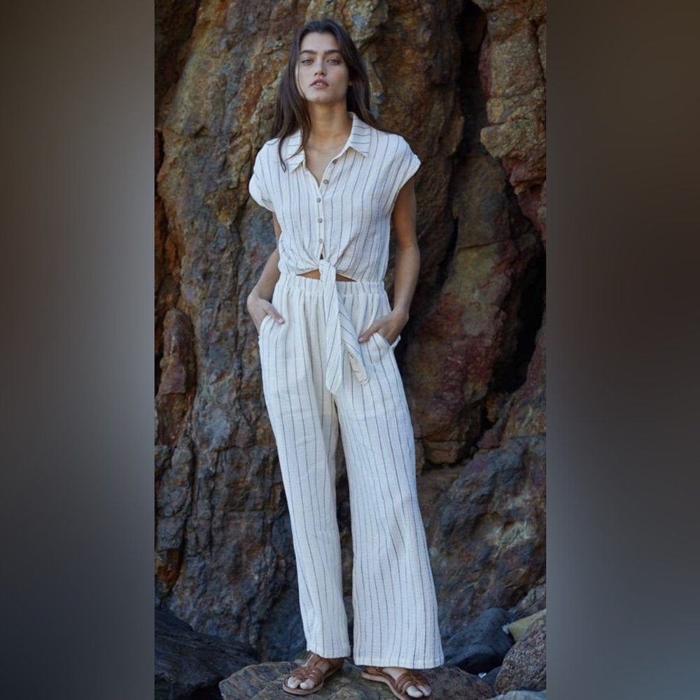 By Together EUC Tobi Gauze Stripe Jumpsuit woven cotton w/pockets Size S…